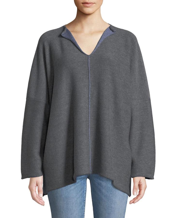 Slit-neck Long-sleeve Wool Sweater W/ Plaited