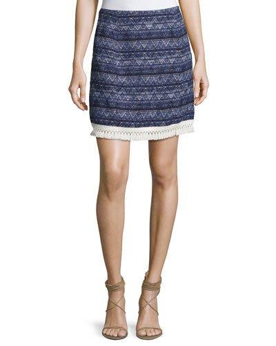 Fringe-trim Mini Skirt, Blue Pattern