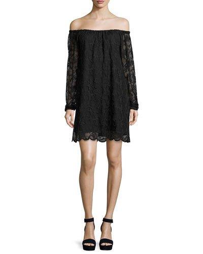 Dentelle Lace Off-the-shoulder Shift Dress, Black