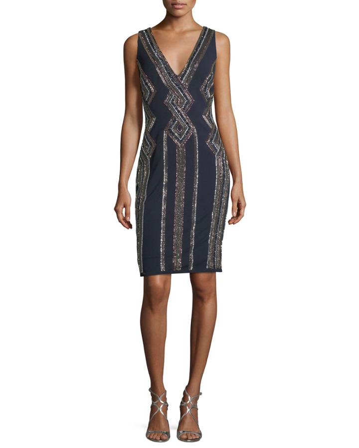Sleeveless V-neck Geometric-beaded Cocktail