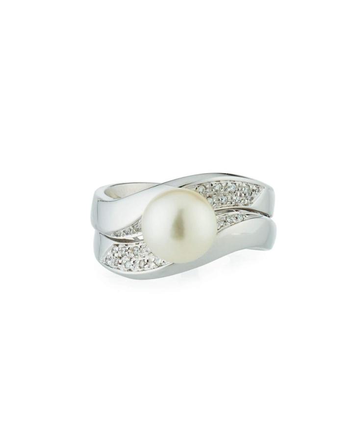 18k White Gold Pearl & Wavy Diamond Ring,