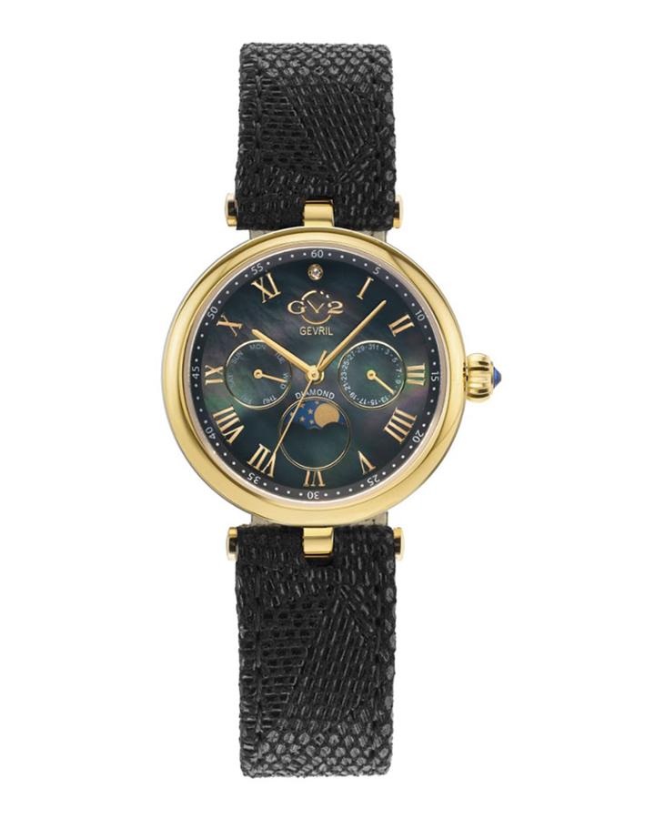 Florence Moon Phase Diamond Swiss Watch With Handmade Italian Leather Band, Black