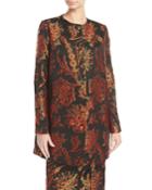 Button-front Floral-jacquard Collarless
