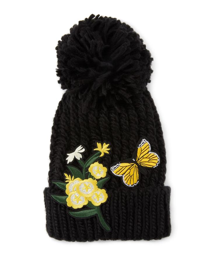 Butterfly & Flower Appliqu&eacute; Pompom Beanie