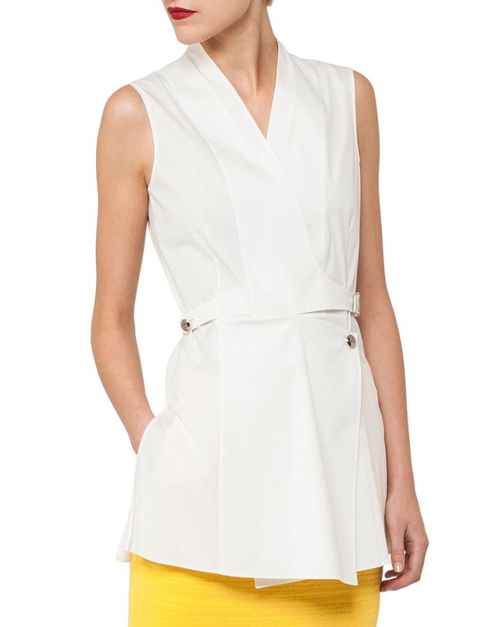 Sleeveless Wrap-front Buckle Cotton Poplin Blouse