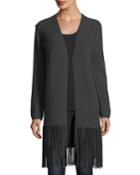 Long Cashmere Cardigan W/ Suede-fringe Hem