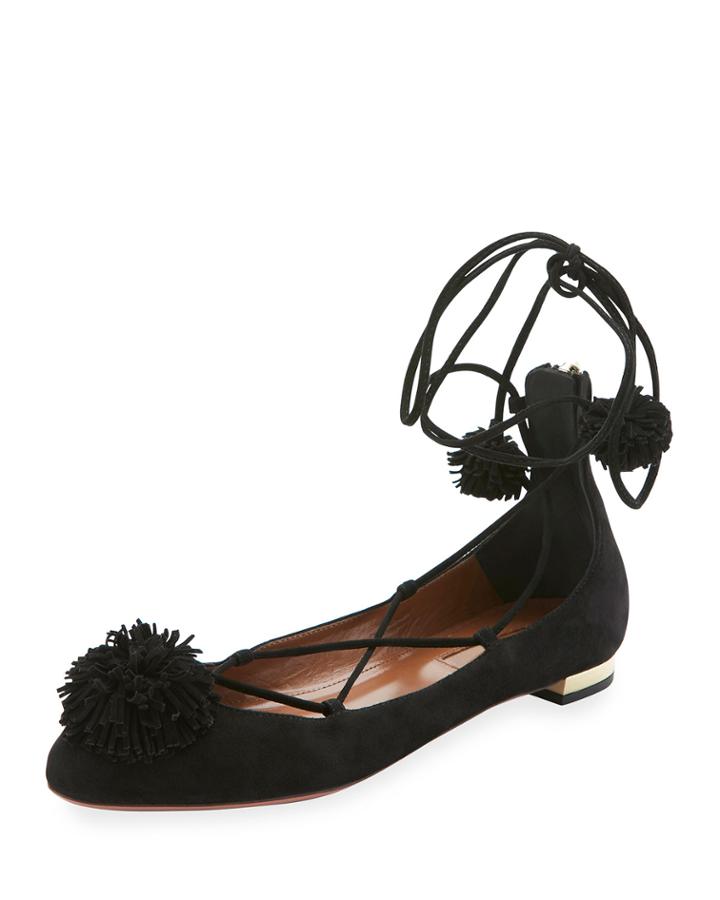 Sunshine Suede Ankle-wrap Flat, Black
