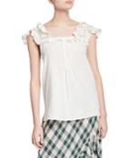 Linen Pleated Embroidered Ruffle Top