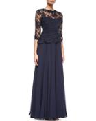 3/4-sleeve Lace Chiffon Peplum Gown