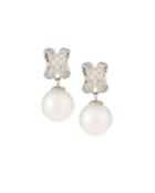 14k White Gold Diamond Curved & Pearl Drop Earrings