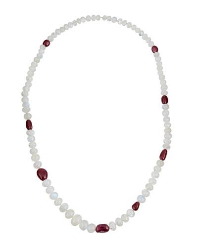 Beaded Rainbow Moonstone & Ruby Opera Necklace