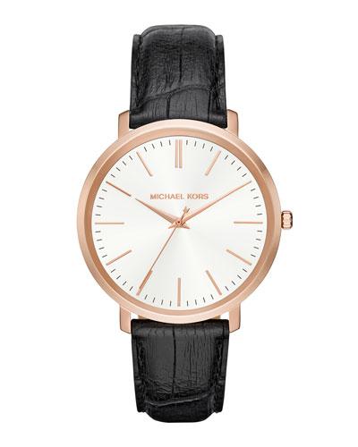 41.5mm Jaryn Leather Watch, Black