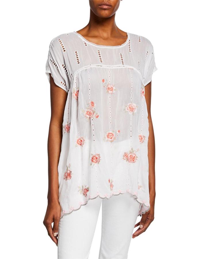Rose Floral Embroidered Dolman Top W/ Eyelet Details