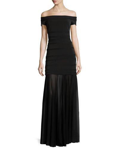 Off-the-shoulder Sheer-hem Gown, Black