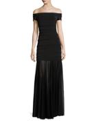 Off-the-shoulder Sheer-hem Gown, Black