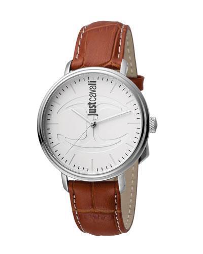 40mm Cfc Men's Stainless Steel Watch W/ Leather Strap, White/brown