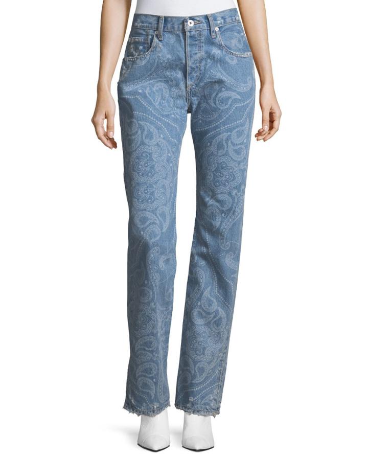 Paisley-printed High-rise Straight-leg Denim Pants