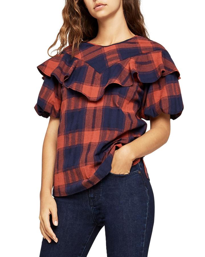 Plaid Ruffle Cotton Blouse