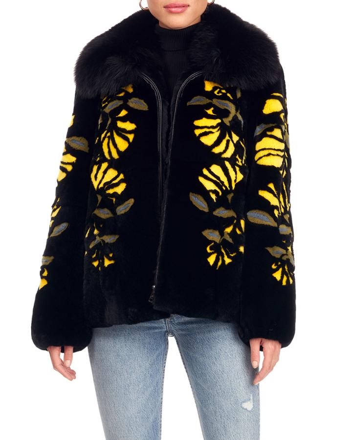 Rex Rabbit Fur Zip Jacket With Pattern Inserts