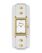 Rectangular Watch With Padded Leather Strap, White/gold
