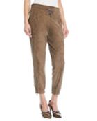 Drawstring Cropped Suede Joggers W/ Ankle Zips