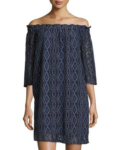 Off-the-shoulder Lace Dress, Indigo