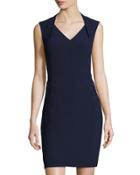 Crepe V-neck Sheath Dress, Navy