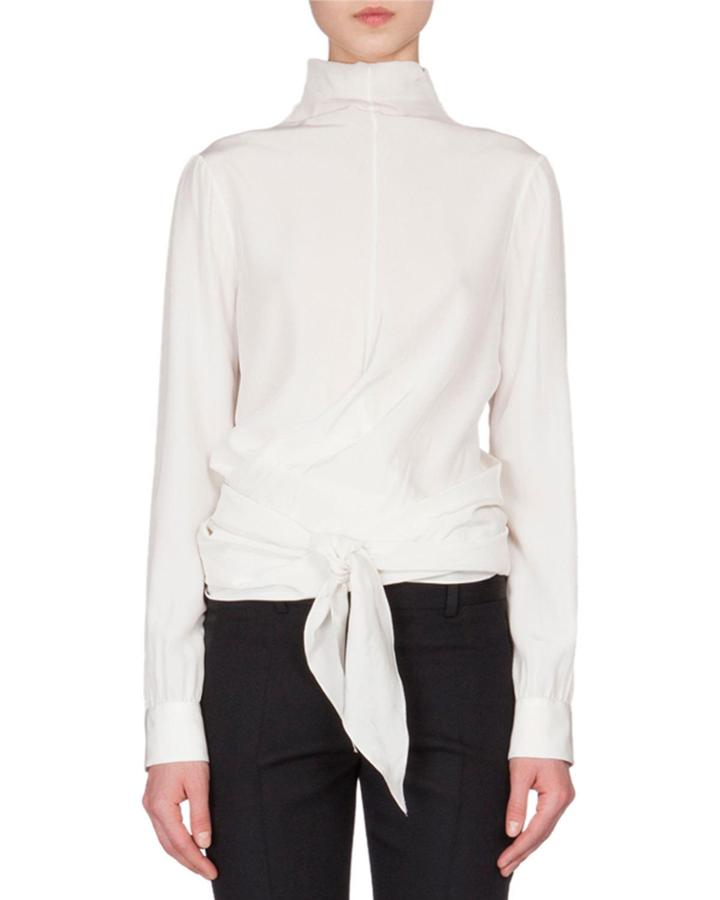 Mock-neck Wrap-front Blouse, Ivory