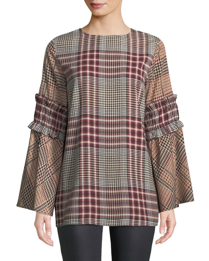 Houndstooth Ruffled-sleeve Blouse