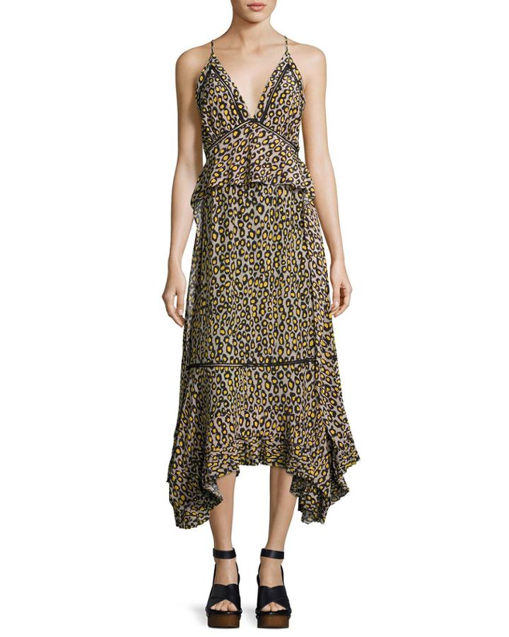 Leopard-print Lace-inset Sleeveless Silk Midi Dress, Yellow
