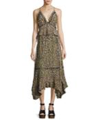 Leopard-print Lace-inset Sleeveless Silk Midi Dress, Yellow