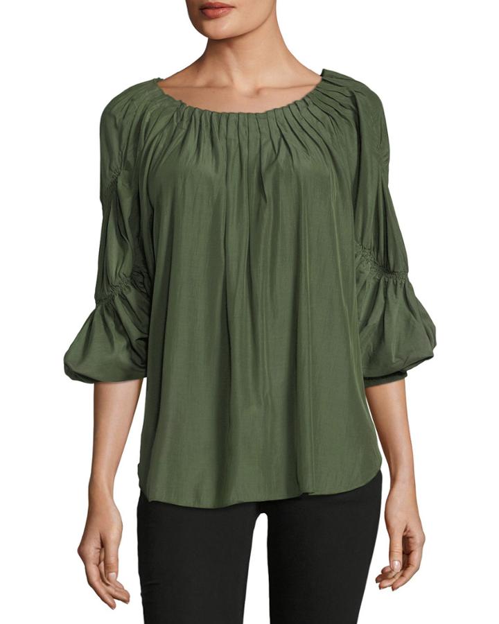 Pleated Scoop-neck Blouse, Olive