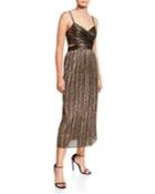Pleated Metallic Stripe Sleeveless Midi Cocktail Dress