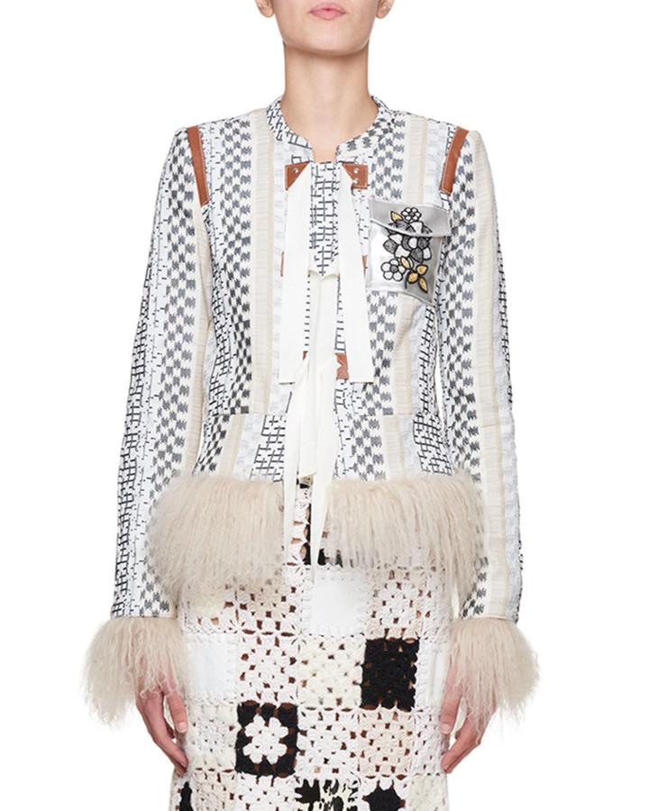 Avenue Mixed-media Jacquard Jacket With Leather Patches & Fur Trim