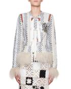 Avenue Mixed-media Jacquard Jacket With Leather Patches & Fur Trim