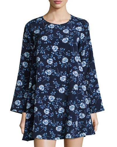 Long-sleeve Floral-print Shift Dress, Blue