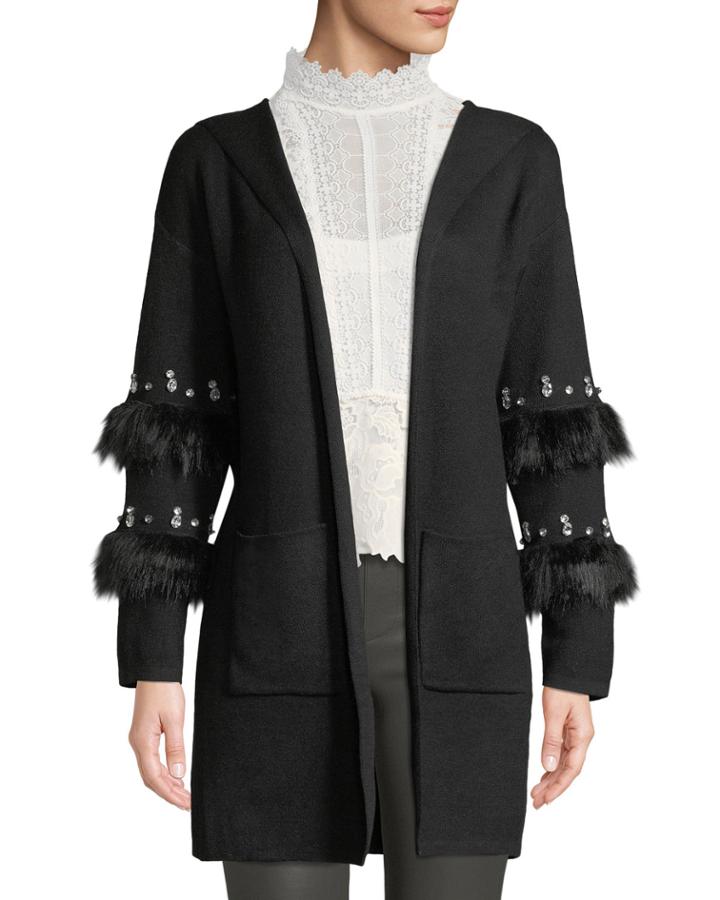 Faux-fur & Jewel Sleeve Hooded Cardigan