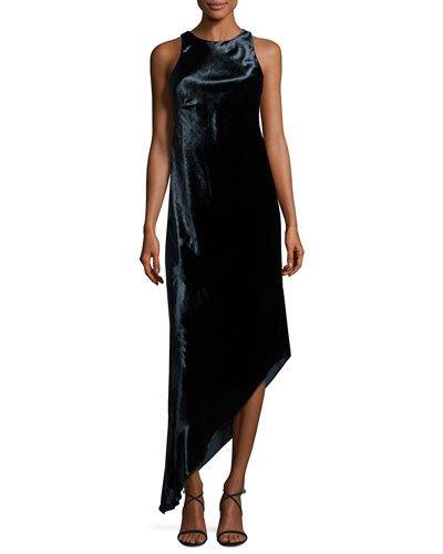 Sleeveless Asymmetric Panne Velvet Dress, Twilight