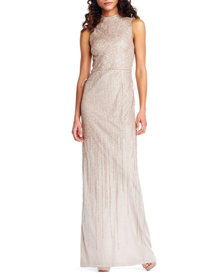 Beaded Mock-neck Evening Gown