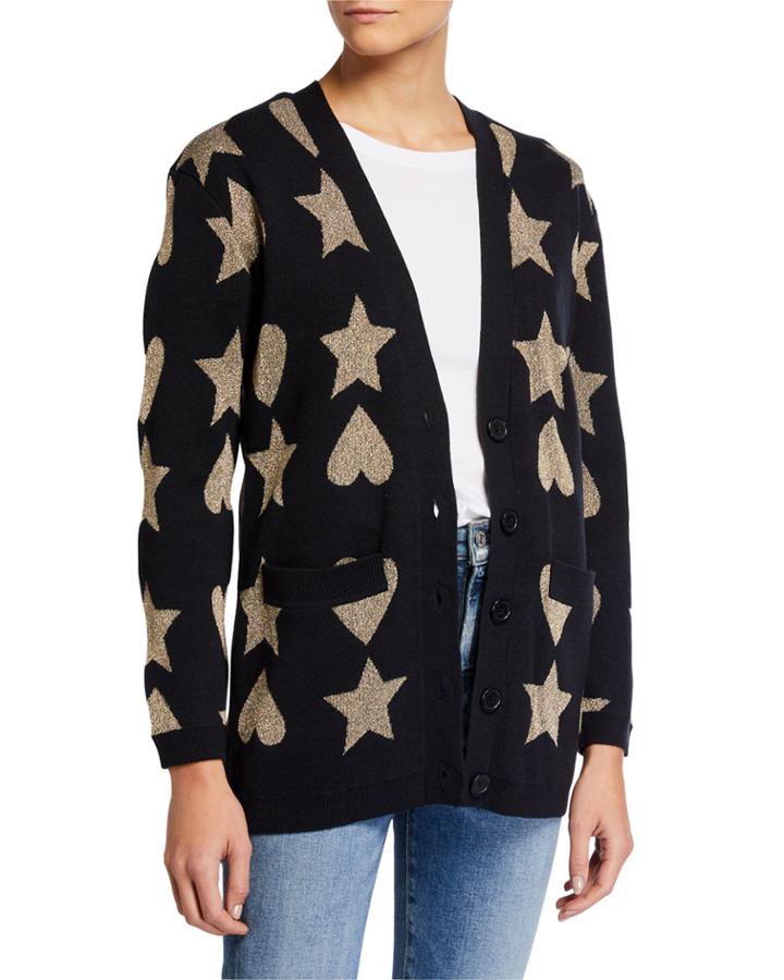 Metallic Hearts & Stars Button-front Cardigan