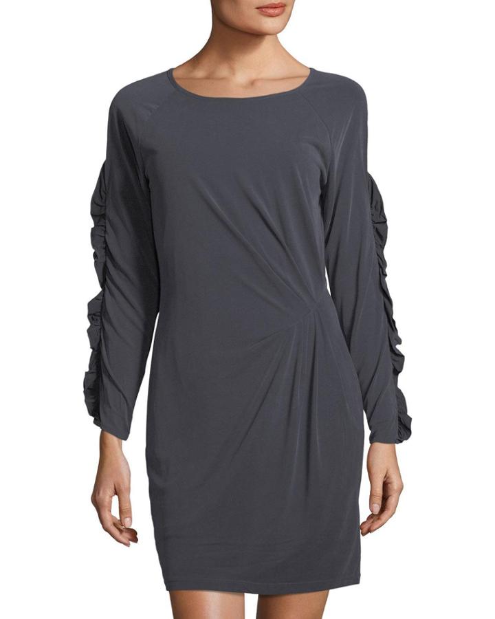 Ruffled Long-sleeve Dress, Charcoal