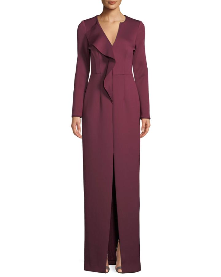 Ziggy Long-sleeve Ruffle-front Neoprene Column Gown
