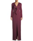 Ziggy Long-sleeve Ruffle-front Neoprene Column Gown