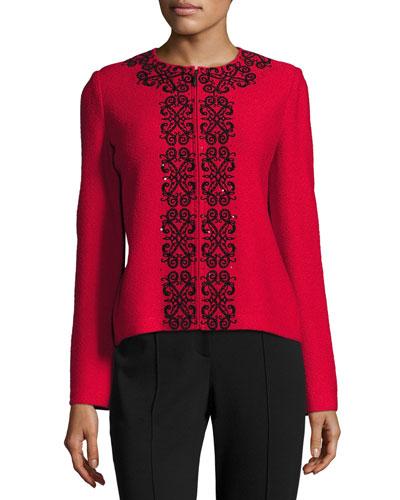 Scroll-embroidered Crinkle-knit Zip-front Jacket, Red