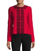 Scroll-embroidered Crinkle-knit Zip-front Jacket, Red