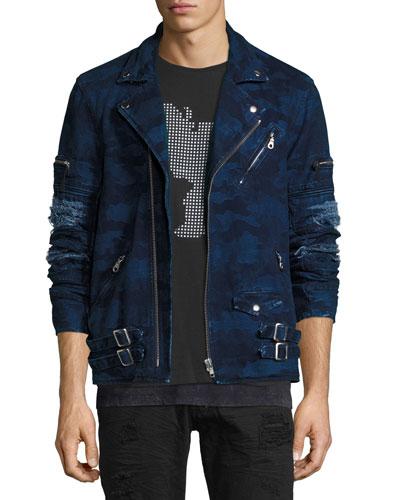Distressed Camo Moto Jacket, Indigo
