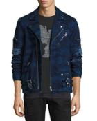 Distressed Camo Moto Jacket, Indigo
