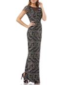Metallic Floral-embroidered Illusion-neck Gown