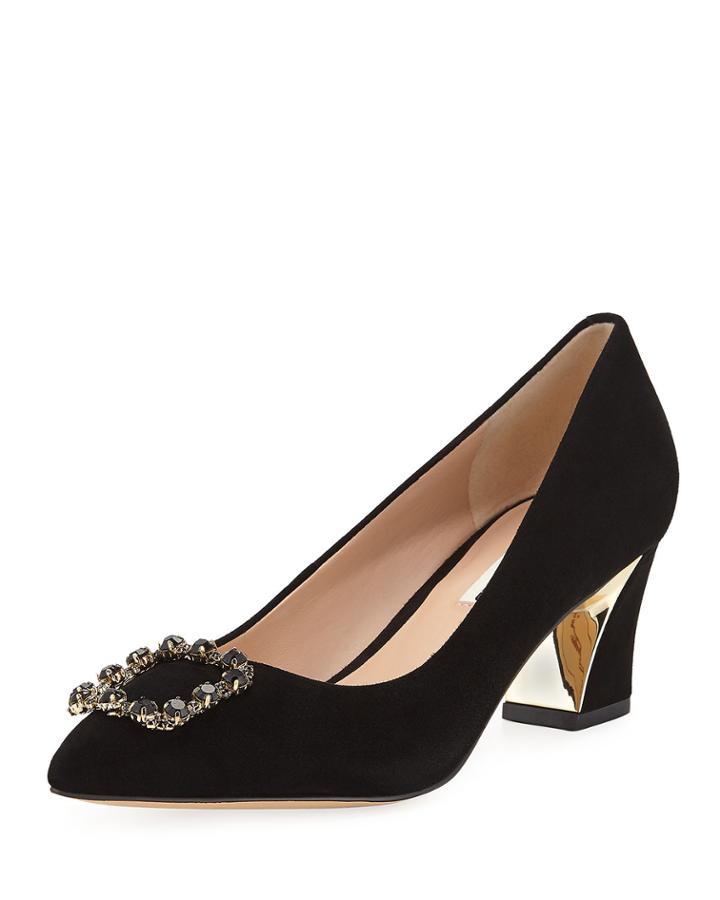 Ainsley Low-heel Suede Pumps With Brooch Embellishment