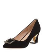 Ainsley Low-heel Suede Pumps With Brooch Embellishment
